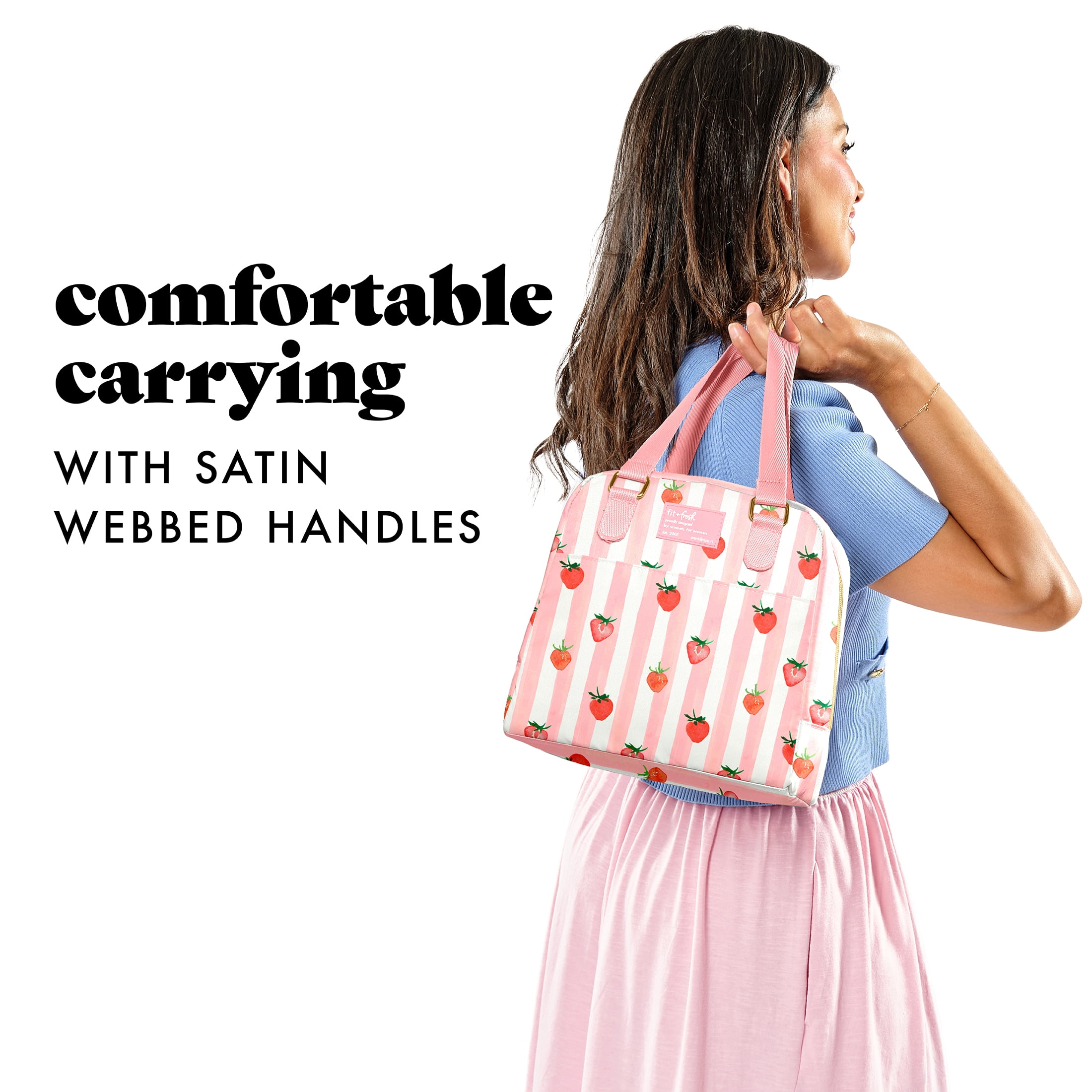 Fit & Fresh Minneola Lunch Bag for Women, Cute Pink Strawberry Stripe