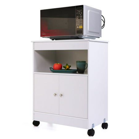Jaxpety White Wood Storage Cabinet with Microwave Cart 2 Doors 4 Casters Kitchen Office