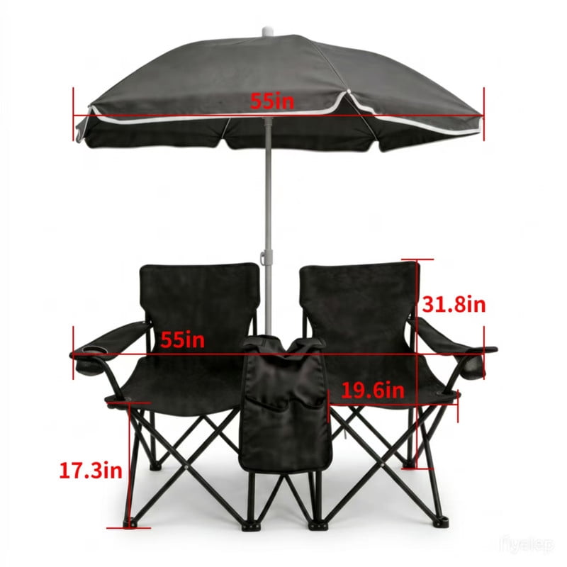 Portable Folding Picnic Chair Set with Umbrella,2-Person Outdoor Camping Chairs with Cup Holders & Cooler Bag, Adjustable Sun Canopy, Heavy Duty Beach Chairs for Patio, Backyard, Travel, Black