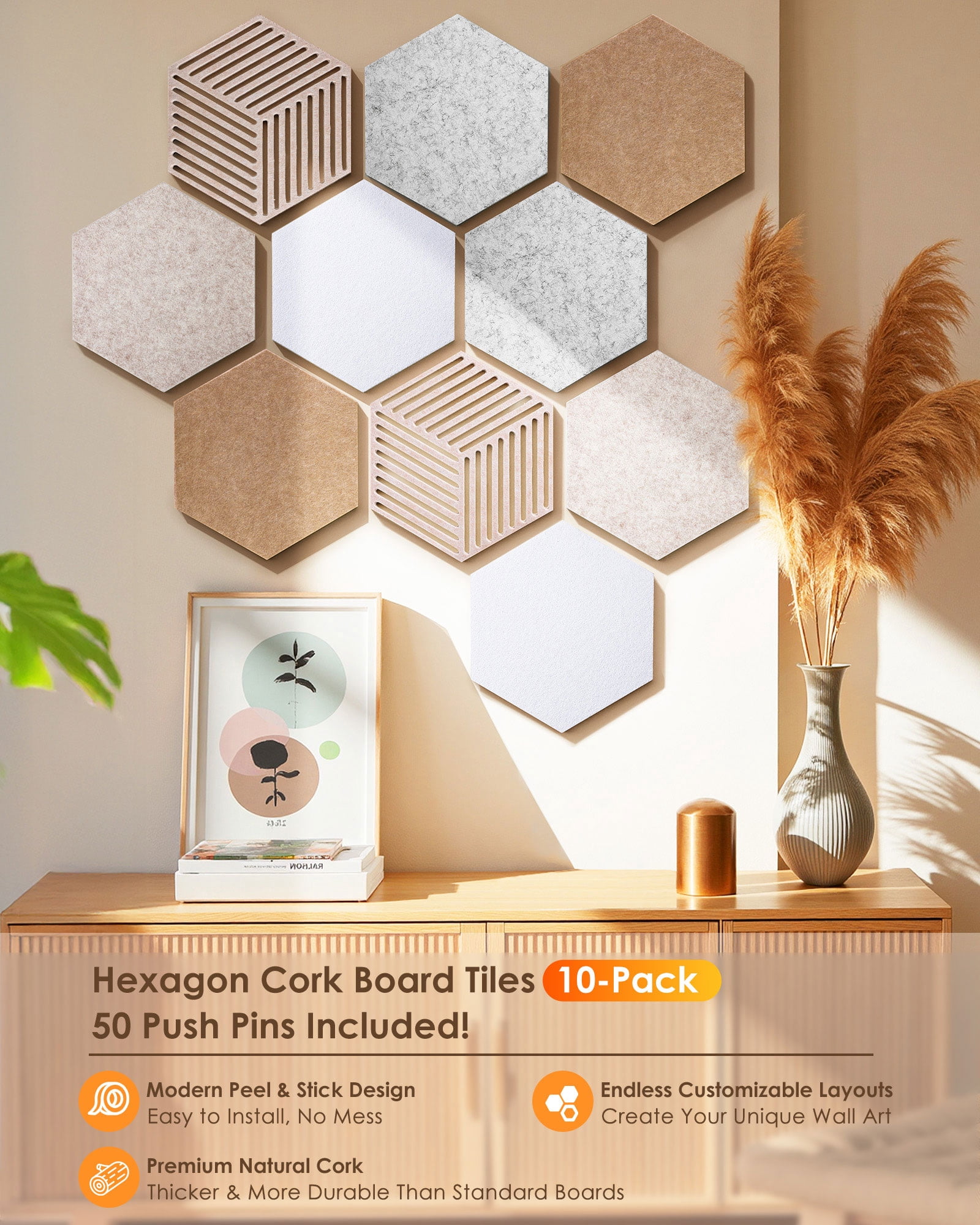 FOX FAIRY Hexagon Cork Boards for Walls Decor 10 Pack with 50 Pins,Pin Board for Office 11.8"x 10.2",Home & Classroom Wall Decor