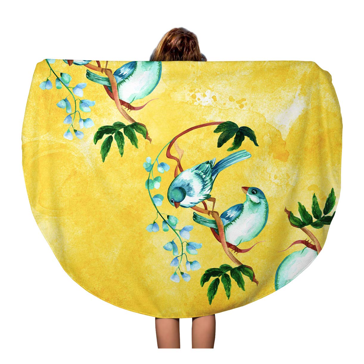 SIDONKU 60 inch Round Beach Towel Blanket Couple of Vibrant Teal Blue Watercolor Birds on Tree