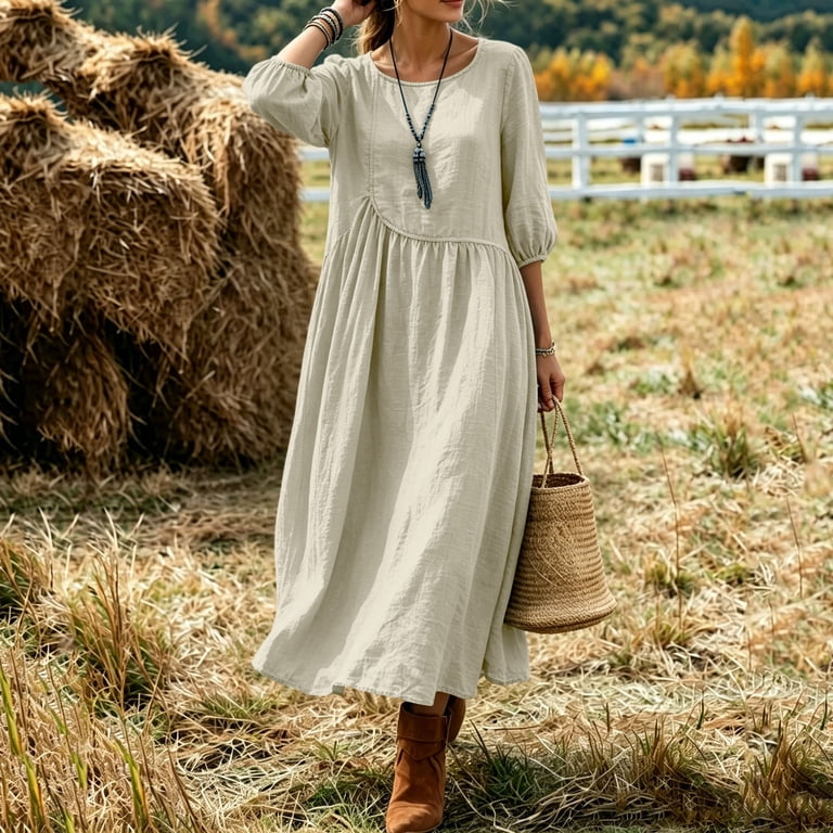 beige flowy dress women Edvintorg Dresses for Crew Neck 3/4 Sleeve Loose Casual Long Woman Clothes S-2xl Beige, Women's, Size: Large lehenga-choli-suits-mozambique