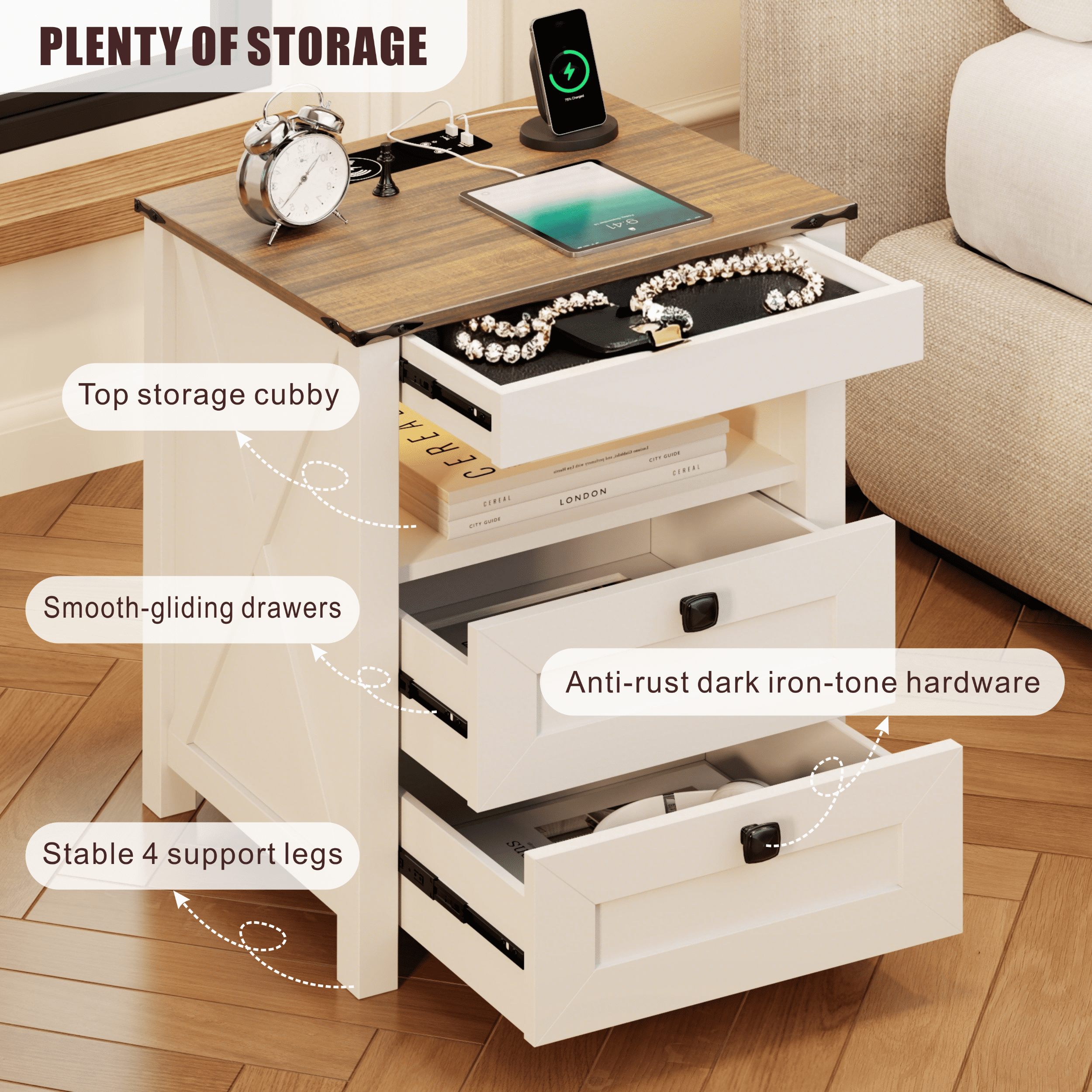 VKCC Rustic 2 Drawers Nightstand with LED Lights & Charging Station, Farmhouse Bedside Table with Open Shelf, White
