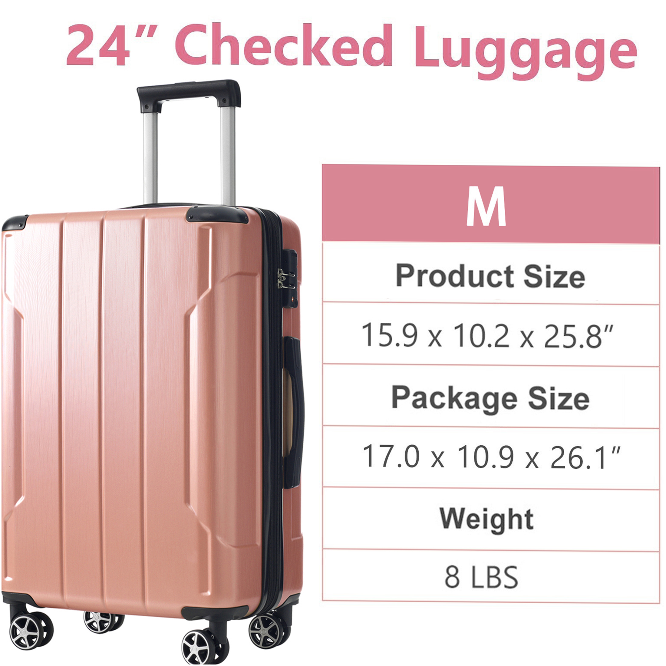 JERFIT 24" Expandable Hardshell Suitcase with TSA Lock, Lightweight ABS Checked Luggage on 360° Spinner Wheels, Rose Pink