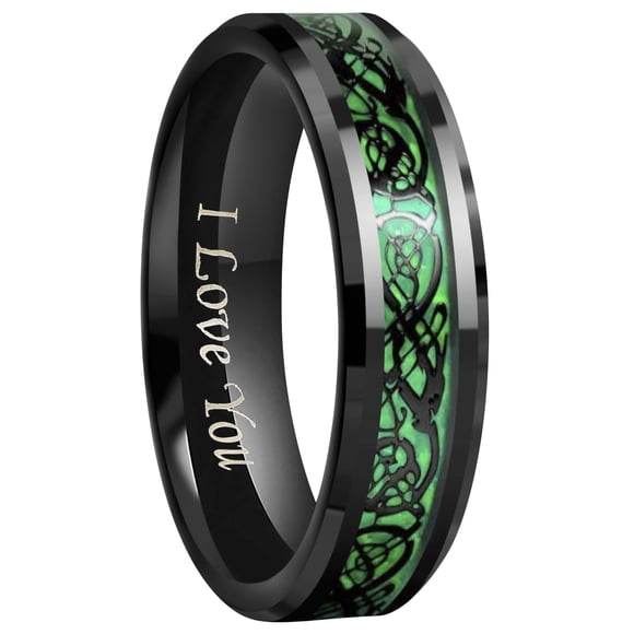CROWNAL 6mm 8mm Blue/Green Carbon Fiber Black Celtic Dragon Tungsten Carbide Wedding Band Ring Engraved I Love You (6mm,6.5)