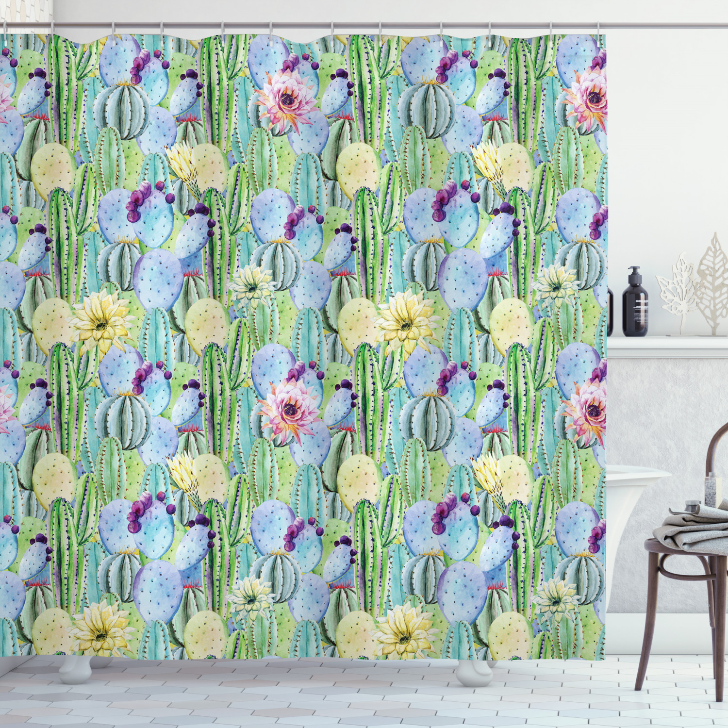 Cactus Shower Curtain, Types of Cactus Plant Pattern with Flowers and