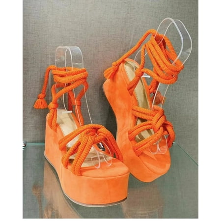 

Platform Wedge Strappy Sandals Women Fashion Round Toe Cross Tied Height Increase Open Toe Women Sandals