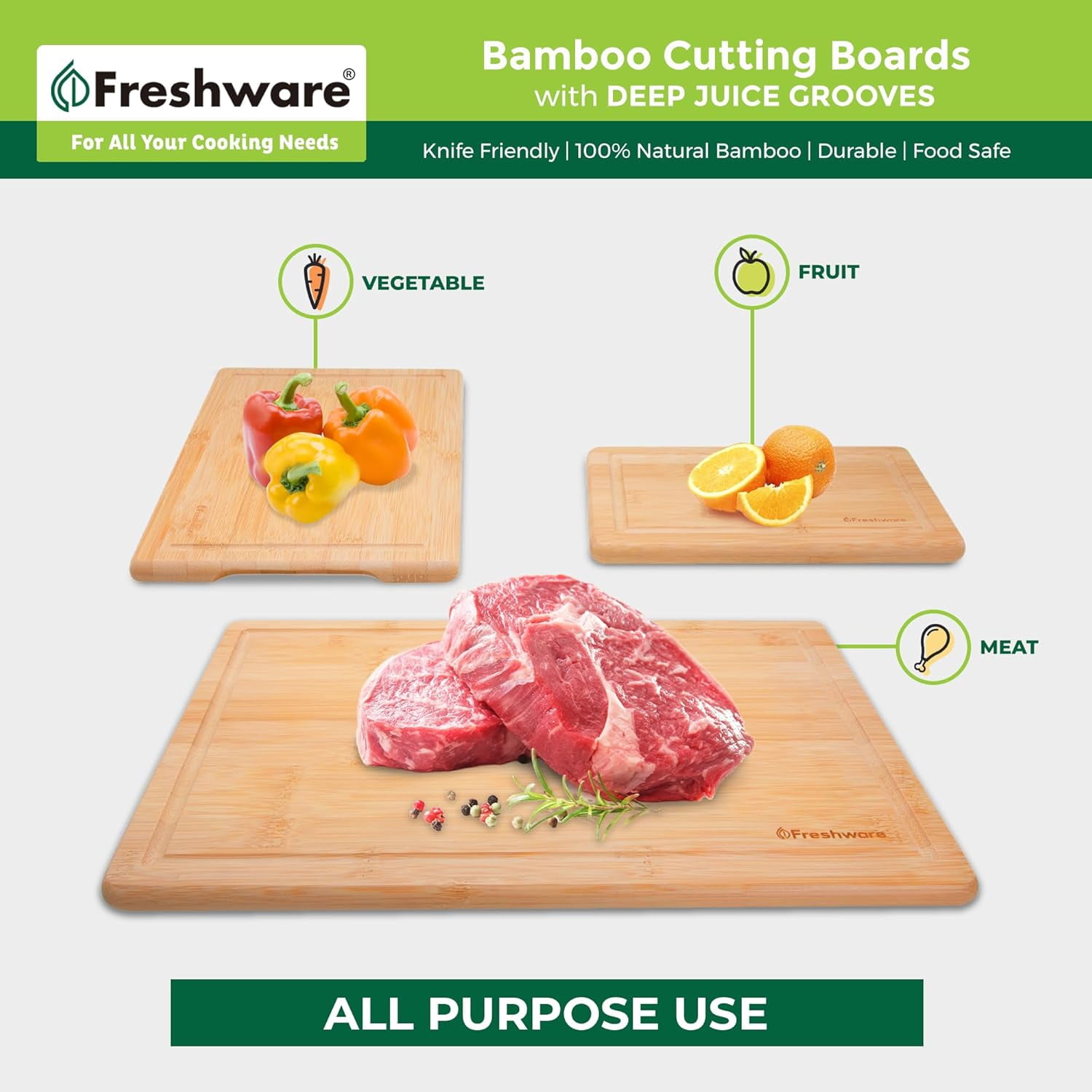 Freshware Wood Cutting Boards - Bamboo Set with Juice Grooves and Easy Grip Handle, 3 Sizes 9x6, 12x8, 15x10
