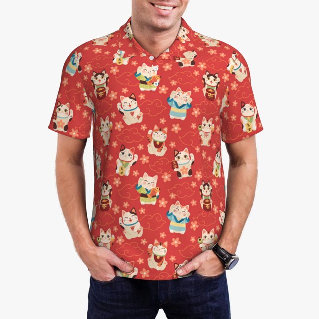Fotbe Japanese Maneki Cats Camiseta Polo de Golf para Hombre con Estampado – Camisa Deportiva Transpirable con Cuello Abotonado-X-Large