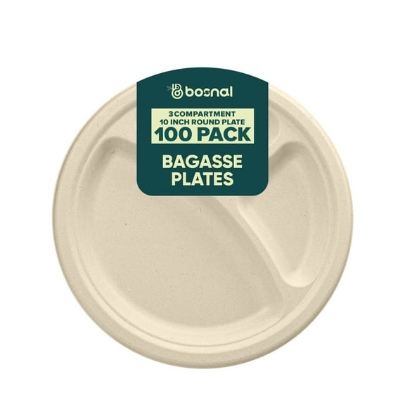 BOSNAL 10 Inch Round 3-Compartment Bagasse Plates (100 Pack) – Compostable, Biodegradable & Eco-Friendly Disposable Plates for Parties, Catering & Meals