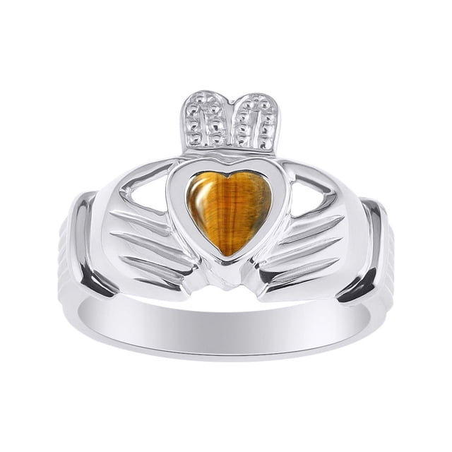RYLOS Rings 14K White Gold Claddah Love, Loyalty & Friendship Heart 6MM Gem Irish Wedding Band Claddagh Rings Tiger Eye Jewelry Size 7
