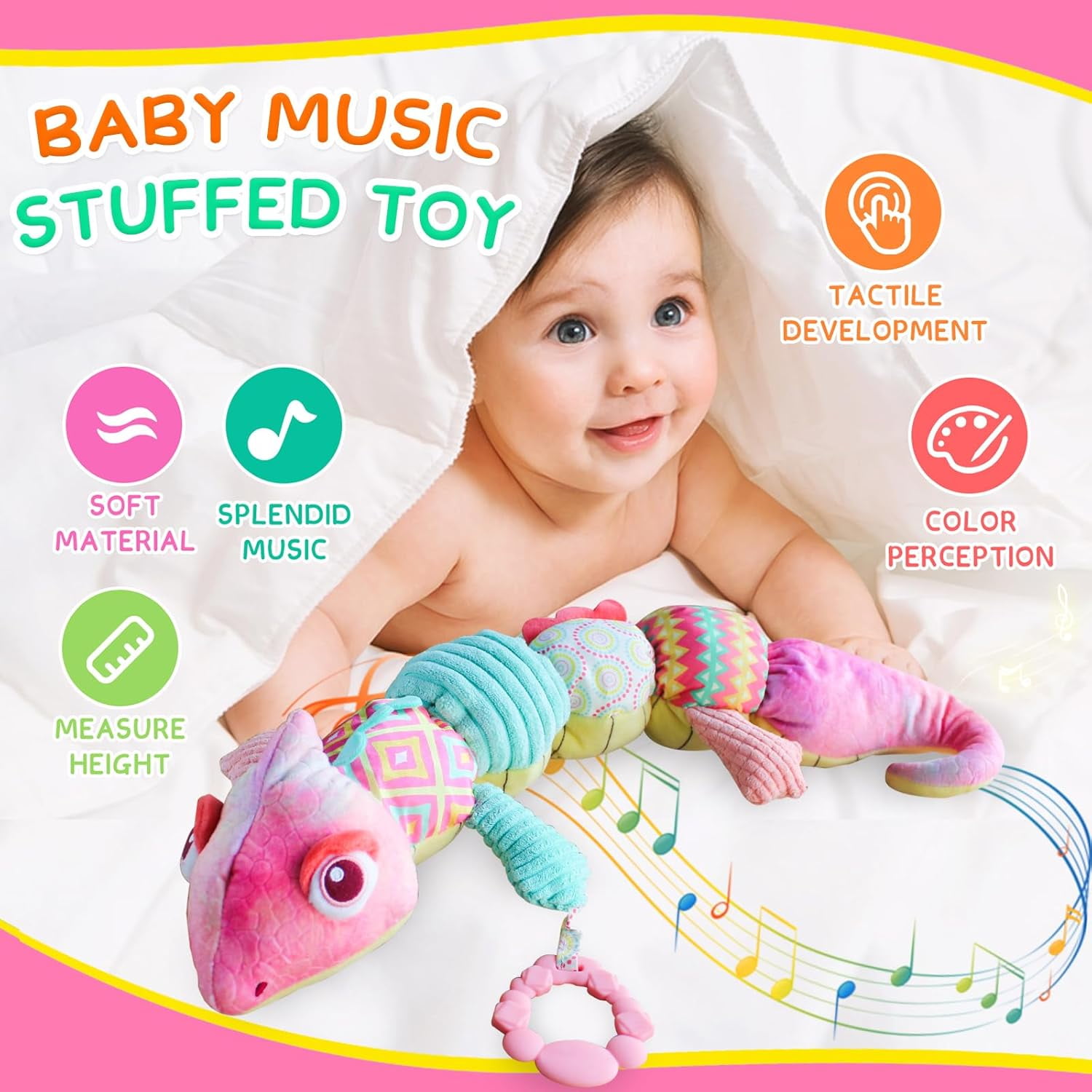 Newborn Baby Toys 0-12 Months - Musical Stuffed Dinosaur Plush, Multi-Sensory Crinkle Rattles & Textured Design, Tummy Time Early Development Gift for Infant