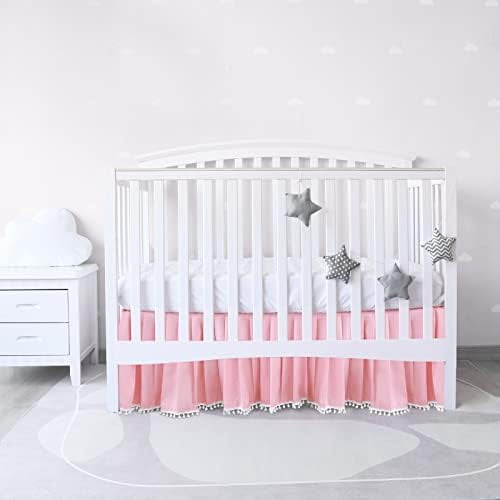 Pink Crib Skirt Pleated with White Lovely Pompoms, Bedding Dust Ruffle for Girls, 14" Drop, Fit All Standard Crib Bed, Fade Resistant Crib Bed Skirt Machine Wash