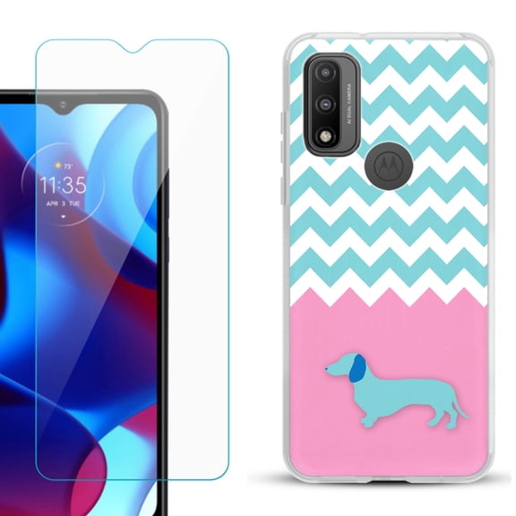 Slim-Fit Gel TPU Phone Case for Motorola Moto G Pure, with Tempered Glass Screen Protector, by OneToughShield ® - Chevron/Dachshund/Puppy
