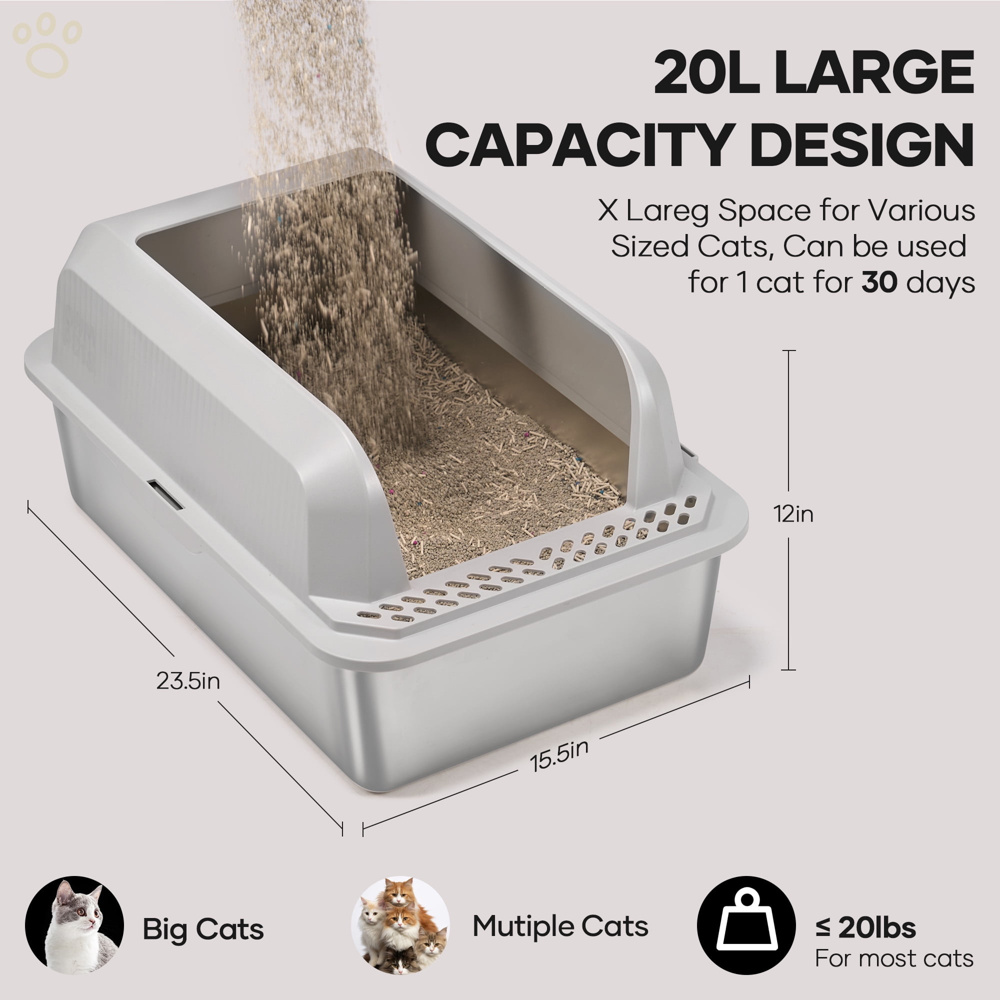 Naipo Stainless Steel Cat Litter Box with High Side,23.5"×15.5"×12"Extra Large Litter Box with Scoop and Footboard,for Small/Big/Multi Cats,Gray
