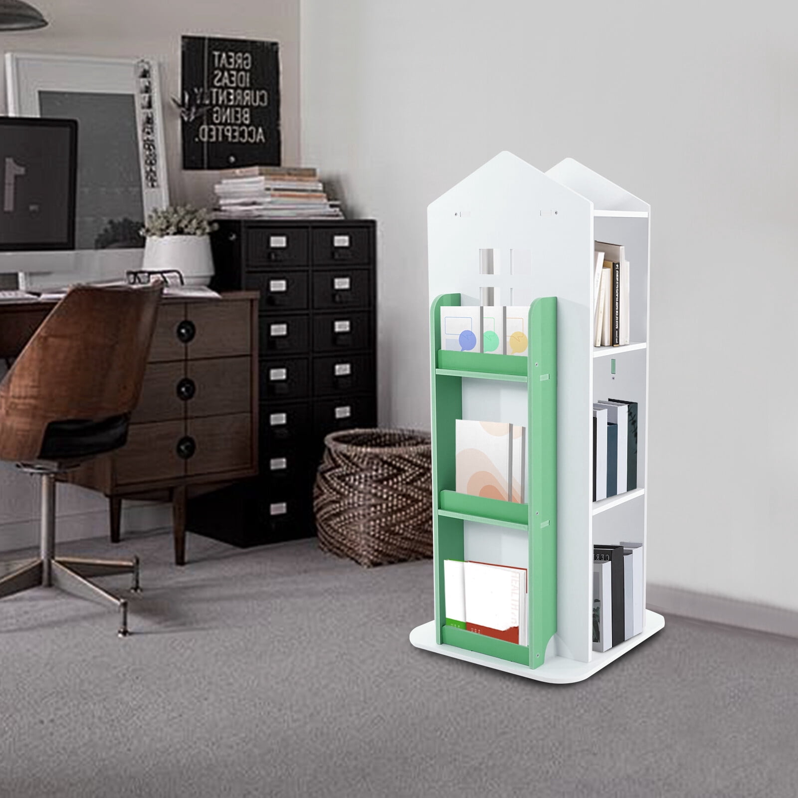 4 Tiers 360° Kids Green Castle Rotating Bookshelf Home Office Furniture Bookcase