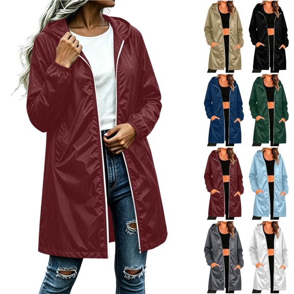 Otntypg Women Lightweight Waterproof Rain Jacket Packable Outdoor Full Zip up Long Sleeve Hooded Long Raincoat Windproof Windbreaker Trench Coat with Pockets