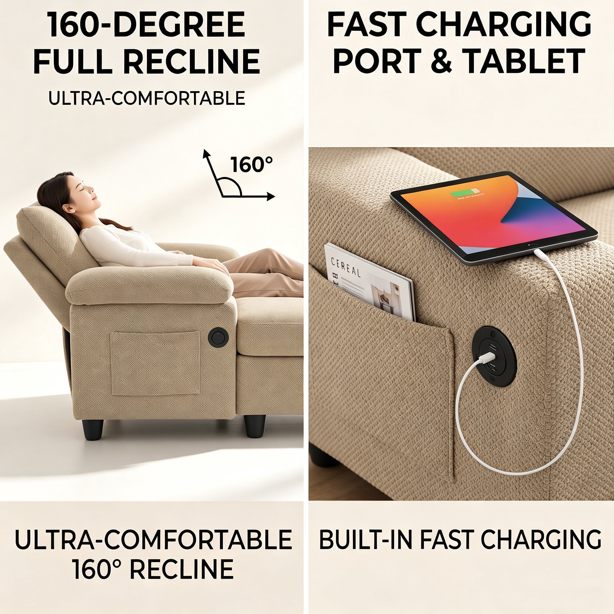 Aukfa Accent Chair with Storage Ottoman & Cup Holders, Convertible Sleeper Recliner Lounge Chair with Adjustable Backrest, USB-C Port & Side Pocket, Camel