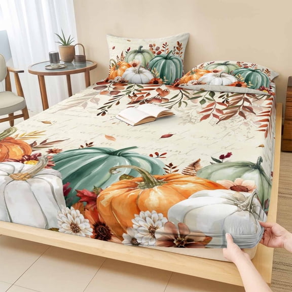 King Size Fitted Sheet Set - Green Orange Pumpkins Fall 3 Piece Bedding Sets 16" Deep Pocket Fitted Sheet with 2 Pillowcases, Thanksgiving Floral Botanical Brushed Microfiber Hotel Luxury Bed Sheets