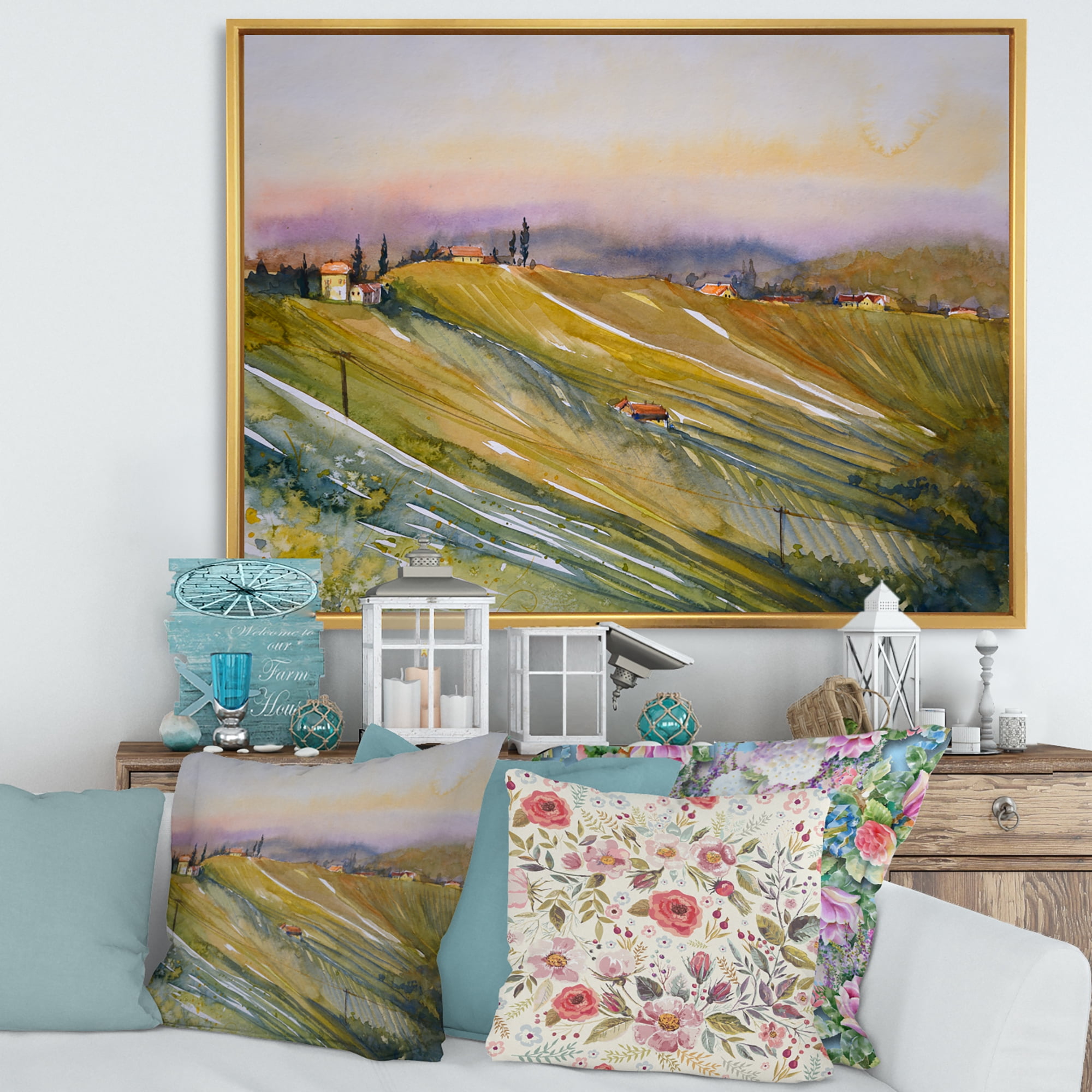 Designart 'Vineyard At Morning In Tuscany Italy' Country Framed Canvas Wall Art Print