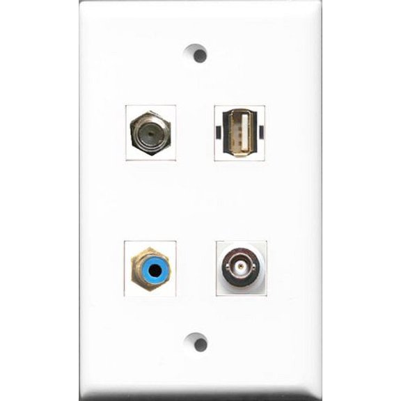 RiteAV 1 Port RCA Blue and 1 Port Coax Cable TV- F-Type and 1 Port USB A-A and 1 Port BNC Wall Plate
