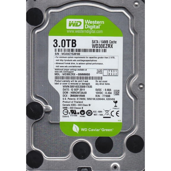WD30EZRX-00MMMB0, DCM HBRCNT2AAB, Western Digital 3TB SATA 3.5 Hard Drive