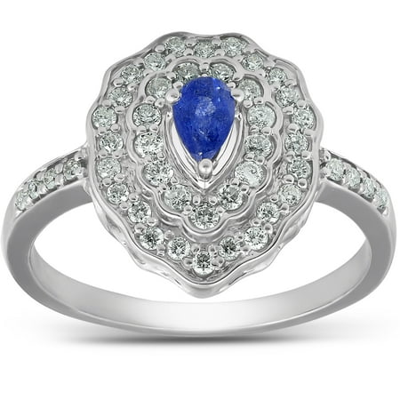 Diamond Blue Pear Sapphires Ring - 3/4 Ct Pear Shape Genuine Blue Sapphire & Diamond Halo Vintage Fashion Ring Gold