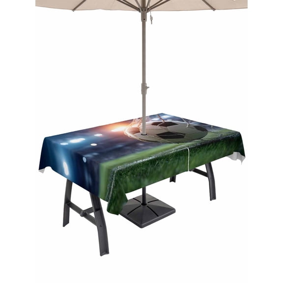 Outdoor Tablecloth with Umbrella Hole for Patio/Picnic/Party/Camping, Football Waterproof Table Cloth Rectangle Table Cover Washable, Goal Net Soccer Sports Orange Blue Green (60"x 120")