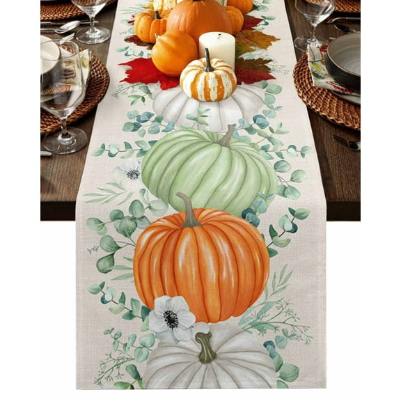 Sage Green Orange Pumpkins Table Runner-Cotton Linen- 72 Inch Holiday Dresser Scarves, Fall Thanksgiving Eucalyptus Leaves Tablerunner for Kitchen Coffee/Dining Living Room Dinner Scarf Décor 16x72