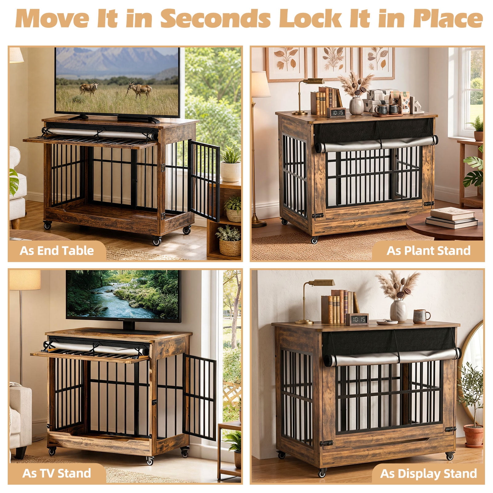 Aukfa 42.1-Inch Large Dog Crate Furniture, Indoor Dog Kennel Decorative Pet Cage End Table, Lift-Up Door, Curtain & Wheels,Rustic Brown