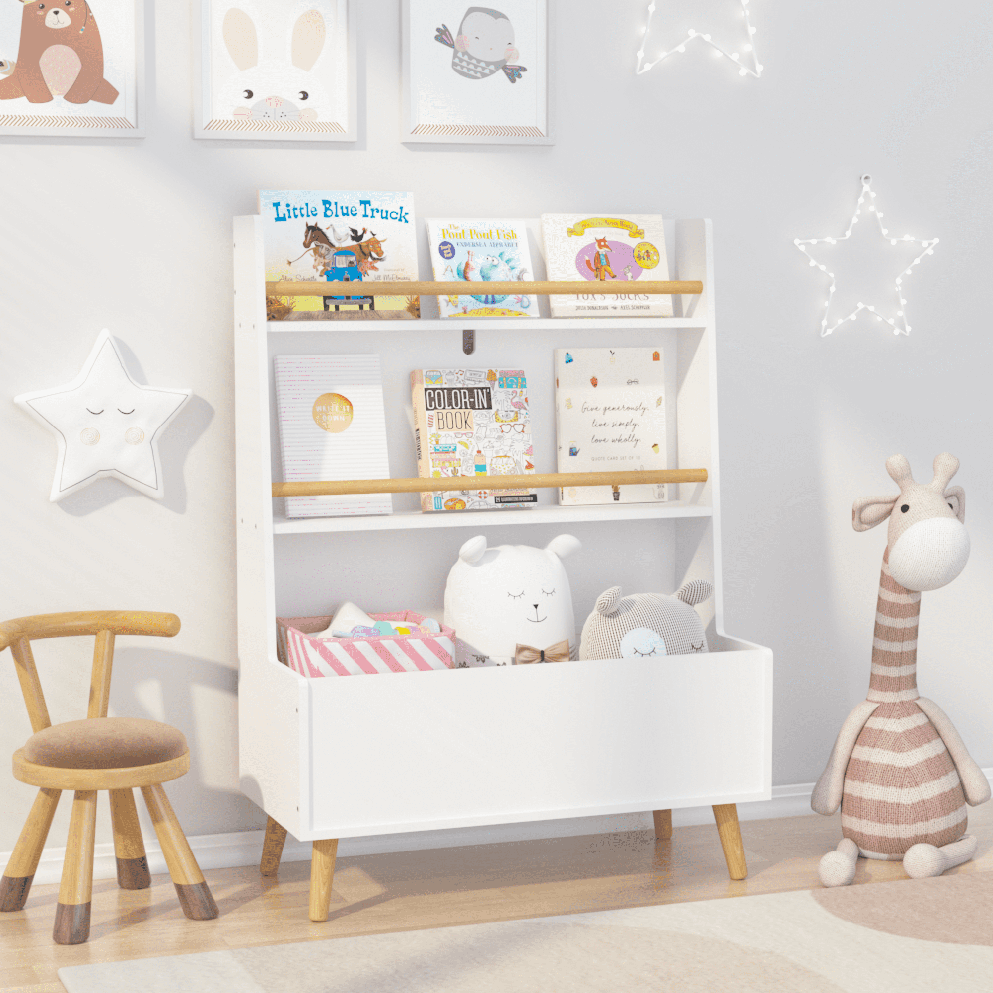 White Kids Bookshelf with Toy Storage, 2-Tier Book Organizer & Magazine Rack 26.77"W x 12.6"D x 36.61"H