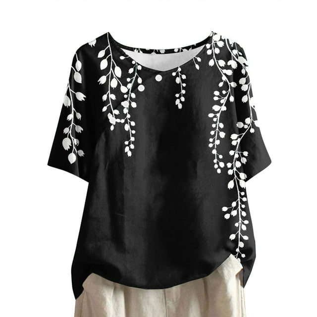 Tops de Lino para Mujeres Imprimir Suéter Cuello Redondo Manga Corta Superior Poliéster, Blusa de Moda Casual para la Primavera Y el Verano