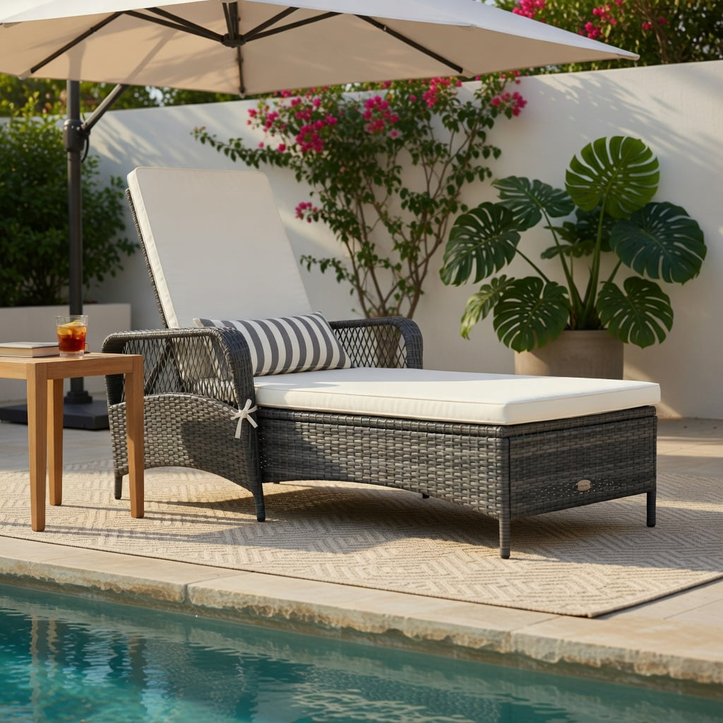 Hommoo Outdoor Chaise Lounge Chair with 6-Position Reclining Backrest, Gray PE Rattan, Heavy-Duty Metal Frame, Poolside Patio Lounger, Off-White