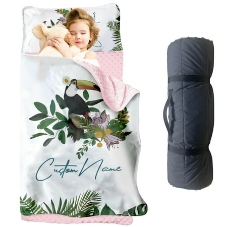 AOLOA Personalized Toddler Nap Mat with Name – Toucan Theme Roll-Up Sleeping Mat for Preschool Daycare Removable Pillow Soft Minky Blanket Custom Kids Nap Mat for Girls Ideal for Travel or Camping