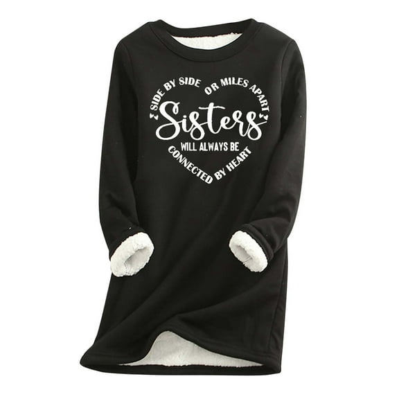 Warm Winter Tops for Women Fleece Pullover Lined Underwear Thick Long Sleeve Round Neck Trendy Print Casual Loose Sweatshirts,Black 1,4XL