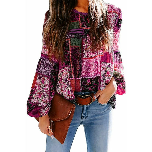 Qarigey Camisa de poliéster para mujer, cuello redondo, informal, lavable a mano, blusa bohemia, para interiores y exteriores, camisas Type2 NO2