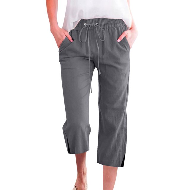 Ladies Pants Casual Spring Summer Solid Color Pocket Drawstring Linen Straight Slit Cropped Pants Womens Pants Trendy 2025 Dark Gray XXXL