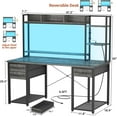 thumbnail image 3 of iSunirm Desk with LED Light and Power Outlet, 47.2'' Gaming Desk with Hutch, Reversible Computer Desk with Drawers, and Storage Bookshelf, Large Workstation Desk, for Home & Office, Black Oak, 3 of 9