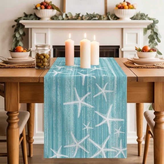 Sea Stars Table Runner, Summer Beach Sea Stars Teal Texture Cotton Linen Kitchen Table Decoration Washable Dining Tabletop Runners for Home Party Decor 13x36 Inches