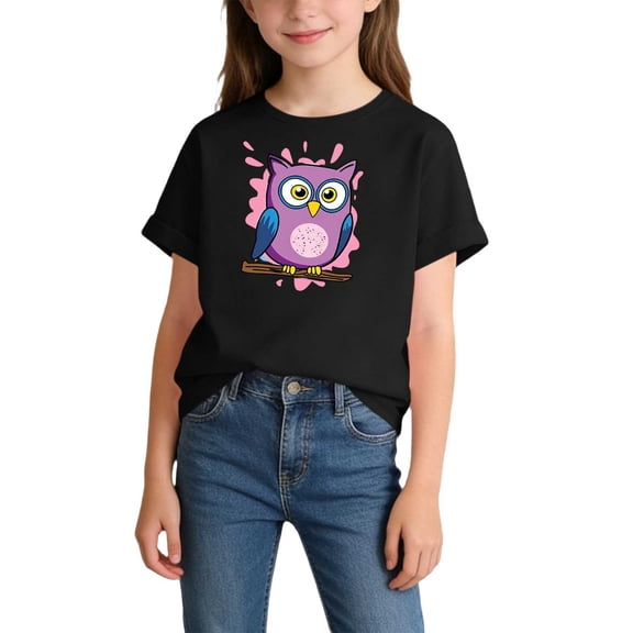 Spazoro Girls Graphic T-Shirts Tee, Owl Print Crew Neck Short Sleeve Cotton Casual Tops for Kids Black Size 4-6