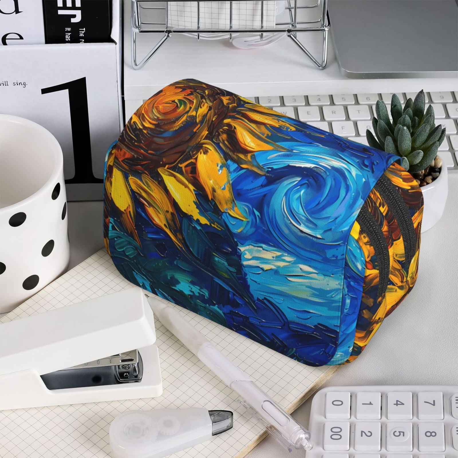 Rateoe Sunflower Starry Night Vibes Pattern Double Clamshell Pen Case, Storage Organizer with Two Zipper Compartments– Holds Up to 50 Pencils & Pens