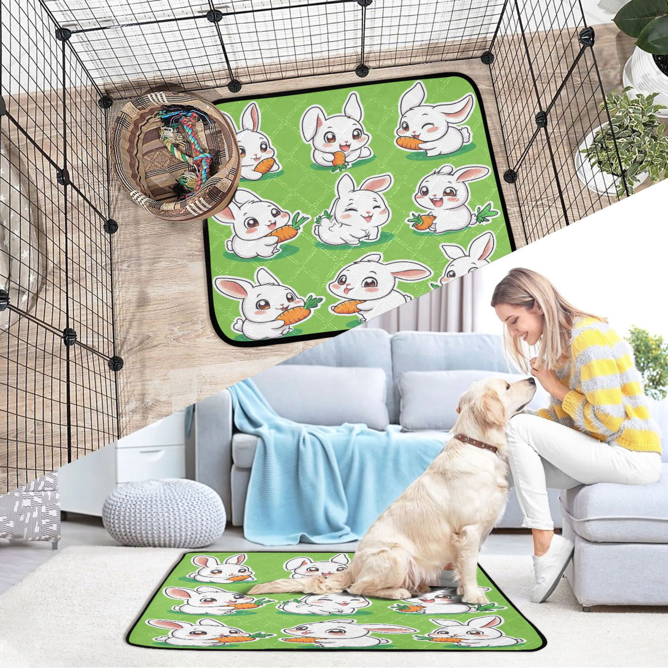 Qxltty Cute White Rabbits Eating Carrots Cat litter Pads Pet Set of 3 Diaper Mats Center Anti-leakage Layer Absorbent Soft and Comfortable