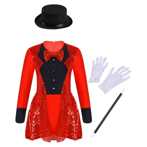 YONGHS Kids Girls Magician Outfits with Hat Magic Wand Gloves Sequined Dance Leotard Dress Red 10