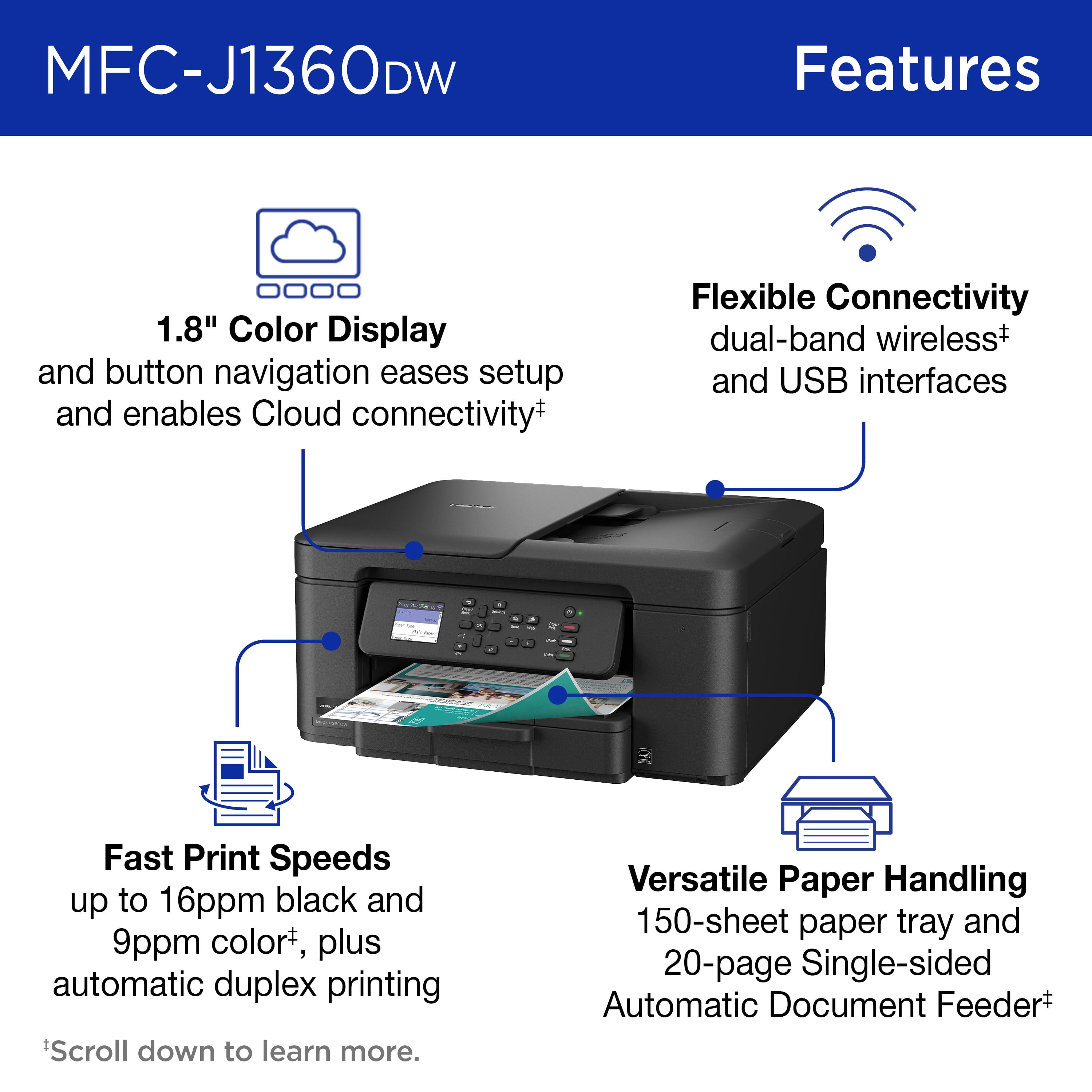 Brother MFC-J1360DW Work Smart Wireless All-in-One Color Printer – Prints on Both Sides, Copies and Scans Multiple Pages, Easy-to-Use Color Display