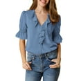 thumbnail image 3 of INSPIRE CHIC Women's Ruffled V Neck Puff Elbow Sleeve Semi-Sheer Chiffon Blouse XS Dusty Blue, 3 of 9