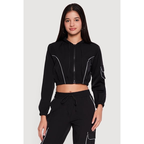 Women's Nylon Cropped Zip Front Hooded Jacket