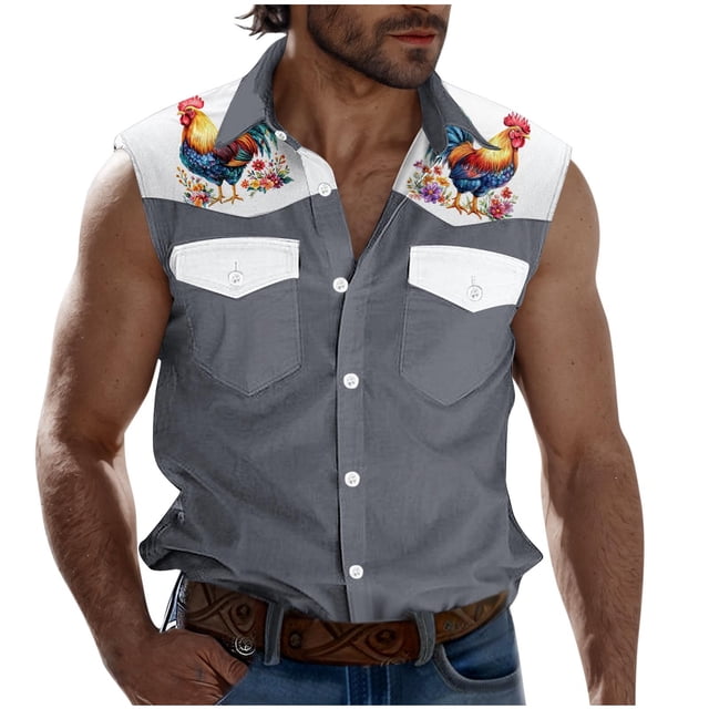Camisas de Cuello para los Hombres de Moda Casual Imprimir Turndown Cuello sin Mangas Bolsillos Deportivos Tanque, Ligero Top de Verano