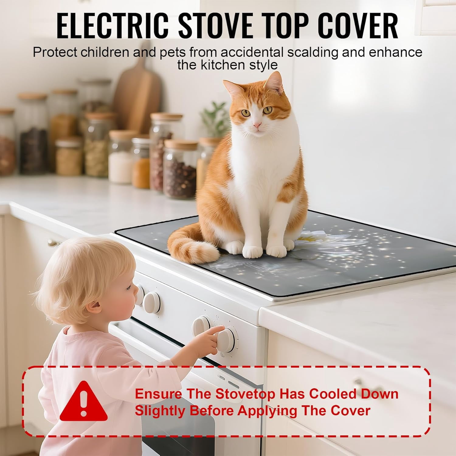 Stove Top Cover for Electric Stove 28.5x20.5 Inch Silicone Stove Topper & Protector, Scratch-Resistant Decorative Kitchen Mat for Electric/Glass Stove Top (Glittering White Lotus)