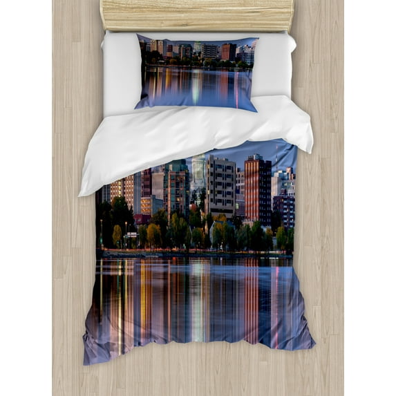 Wisconsin Duvet Cover Set Twin Size, Panoramic Photo of Madison with Landmarks at Twilight Reflections on Lake, Decorative 2 Piece Bedding Set with 1 Pillow Sham, Multicolor, by Ambesonne