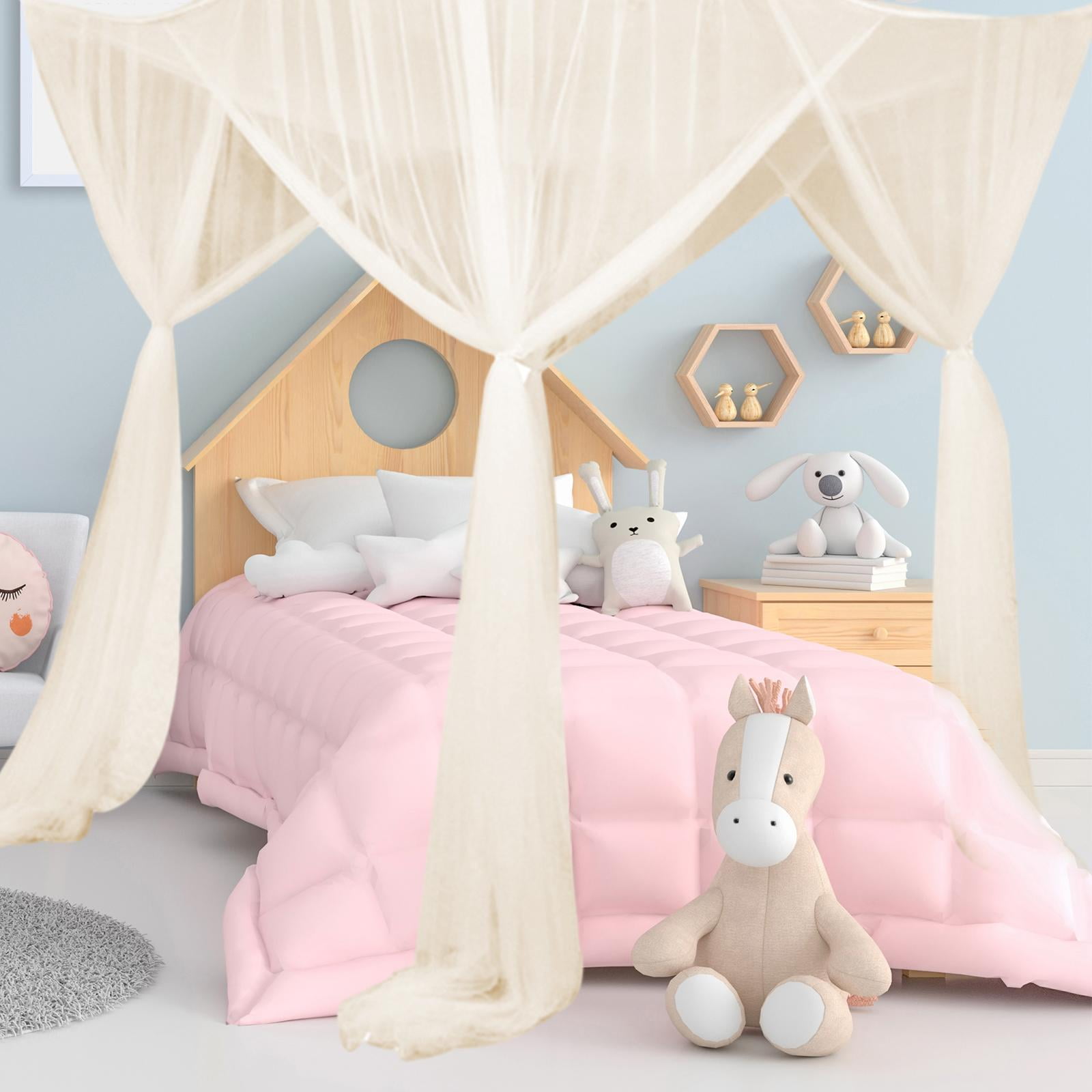 perfk 4 Corner Post Canopy Bed Curtain Bed Drape Hanging Bed Valance Netting for Women Beige